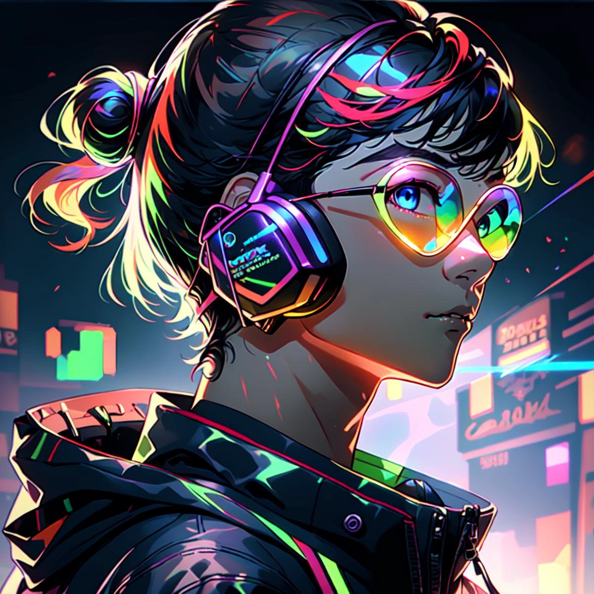 1Boy, Inaho Kaizuka, Man Bun, Red Hair, Red Stubble, 5 o'clock shadow, beard, Blue Eyes, gamer, bedroom, night, pc, sit, headset, portraits, OverallDetail, anime artwork, prismatic, holographic, chromatic aberration, fashion illustration, masterpiece, an extremely handsome and masculine outfit, man with harajuku fashion, headphone, <lora:Neon_Dreams:0.9> Neon Dreams vivid colors, psychadelic colors, neon colors, ethereal lightning horizon, ethereal color particles, decorative, depth of field, high quality, masterpiece, high resolution, solo, best quality, viking <lora:GamerFashion-rgb-V1:0.8> rgb, headphones, goggles, gamer