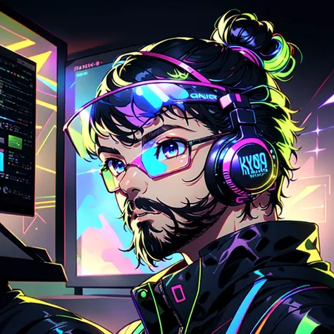 1Boy, Man Bun, Red Hair, Red Stubble, 5 o'clock shadow, beard, Blue Eyes, gamer, bedroom, night, pc, sit, headset, portraits,hacking, hacker, computer, games, OverallDetail, anime artwork, prismatic, holographic, chromatic aberration, fashion illustration, masterpiece, an extremely handsome and masculine outfit, man with harajuku fashion, headphone, male focus, facial hair, beard, 1boy, solo, muscular, muscular male, bara, mature male, pectorals, <lora:Neon_Dreams:0.9> Neon Dreams vivid colors, psychadelic colors, neon colors, ethereal lightning horizon, ethereal color particles, decorative, depth of field, high quality, masterpiece, high resolution, solo, best quality, viking <lora:GamerFashion-rgb-V1:0.8> rgb, headphones, goggles, gamer