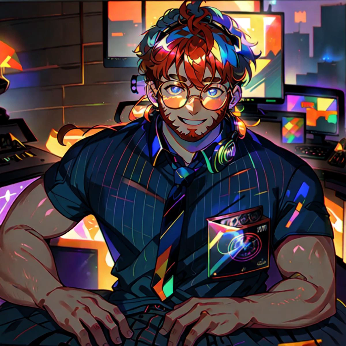 Boy, <Man Bun: 0.9>, Red Hair, Red Stubble, 5 o'clock shadow, beard, Blue Eyes <lora:ç¼çå:0.8>, gamer, bedroom, night, pc, sitting at desk, headset, hacking, hacker computer, gaming computer,, anime artwork, chromatic aberration, fashion illustration, masterpiece, an extremely handsome and masculine man, man with black collared shirt and chromatic necktie, headphone on top of head, male focus, facial hair, beard, 1boy, solo, smile, looking at viewer, muscular, muscular male, bara, 20 Years Old, pectorals, overweight,<lora:Neon_Dreams:0.9> Neon Dreams vivid colors, psychadelic colors, neon colors, ethereal lightning horizon, ethereal color particles, decorative, depth of field, high quality, masterpiece, high resolution, solo, best quality, viking, <lora:Baralora:0.6> Chubby, round face, paunch, <lora:GamerFashion-rgb-V1:0.7> rgb, headphones, gamer <lora:Chris_Hemsworth_Engine:0.3> <lora:circle-glasses_v1.1:0.8> circle-glasses, <lora:natred_Ver176:0.8> natred hair, natred, freckles,
