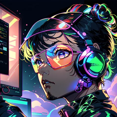 1Boy, Inaho Kaizuka, Man Bun, Red Hair, Red Stubble, 5 o'clock shadow, beard, Blue Eyes, gamer, bedroom, night, pc, sit, headset, portraits, bedroom, desk, hacking, hacker, computer, games, facing forward, OverallDetail, anime artwork, prismatic, holographic, chromatic aberration, fashion illustration, masterpiece, an extremely handsome and masculine outfit, man with harajuku fashion, headphone,  <lora:Neon_Dreams:0.9> Neon Dreams  vivid colors, psychadelic colors, neon colors, ethereal lightning horizon, ethereal color particles, decorative, depth of field, high quality, masterpiece, high resolution, solo, best quality, viking  <lora:GamerFashion-rgb-V1:0.8> rgb, headphones, goggles, gamer