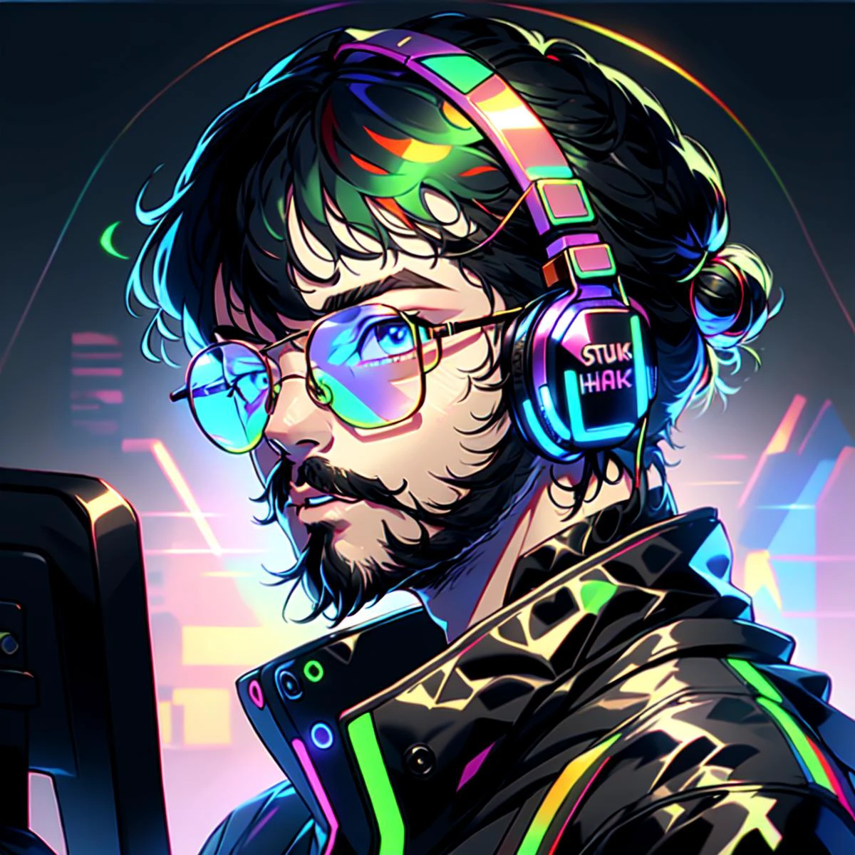 1Boy, Man Bun, Red Hair, Red Stubble, 5 o'clock shadow, beard, Blue Eyes, gamer, bedroom, night, Chubby, round face, messy hair, narrow face, pc, sit, headset, portraits,hacking, hacker, computer, games, OverallDetail, anime artwork, prismatic, holographic, chromatic aberration, fashion illustration, masterpiece, an extremely handsome and masculine outfit, man with harajuku fashion, headphone, male focus, facial hair, beard, 1boy, solo, muscular, muscular male, bara, mature male, pectorals, <lora:Neon_Dreams:0.9> Neon Dreams vivid colors, psychadelic colors, neon colors, ethereal lightning horizon, ethereal color particles, decorative, depth of field, high quality, masterpiece, high resolution, solo, best quality, viking <lora:GamerFashion-rgb-V1:0.8> rgb, headphones, glasses, gamer