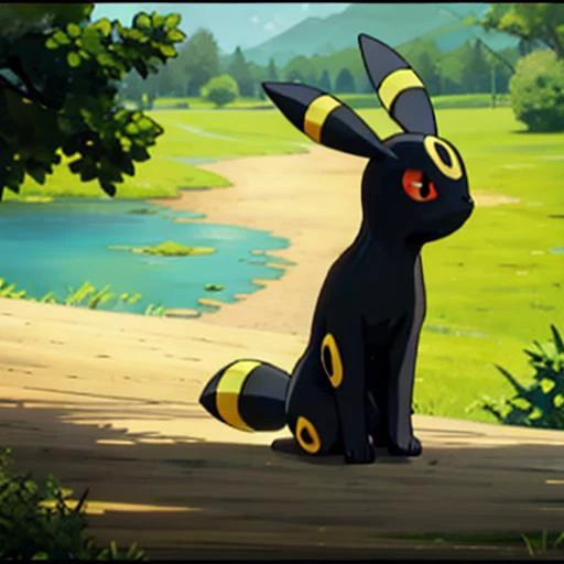 masterpiece, best quality, <lora:Umbreon_Lora:1>, umbreon, lake, 2d, anime, sitting