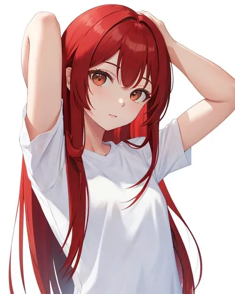 masterpiece, best quality, highres,
simple background, white background,
looking at viewer,red hair,brown eyes, long long hair, small breasts,
white shirt, arms up,
<lora:Curly Hair Slider:-1>