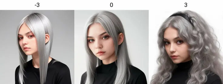 girl, grey hair<lora:curly_hair_400steps:-3>, black shirt, simple background, white background, looking at viewer