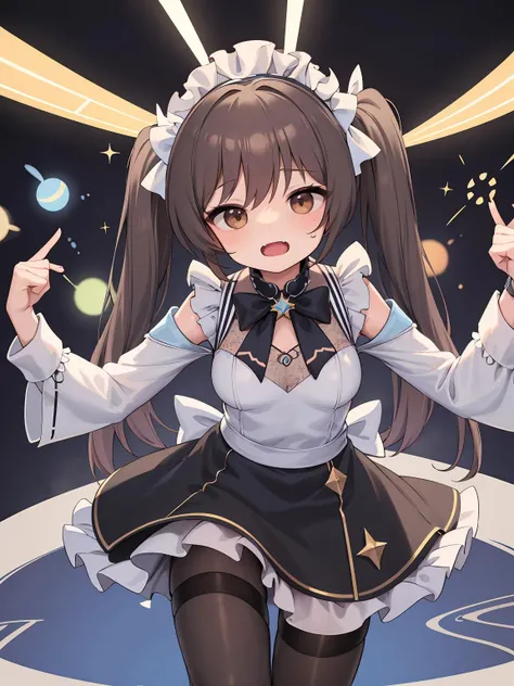 masterpiece, best quality, 1girl, solo, maid, maid headdress, wrist cuffs, black stocking,brown_hair,twintail,Jumping as if being shocked by static electricity,happy,brown_eyes,,Futuristic spaceship interior's high-tech marvel, advanced technology, cosmic voyage, muted hums, interstellar exploration, futuristic design.,<lora:top2-000020:1>
