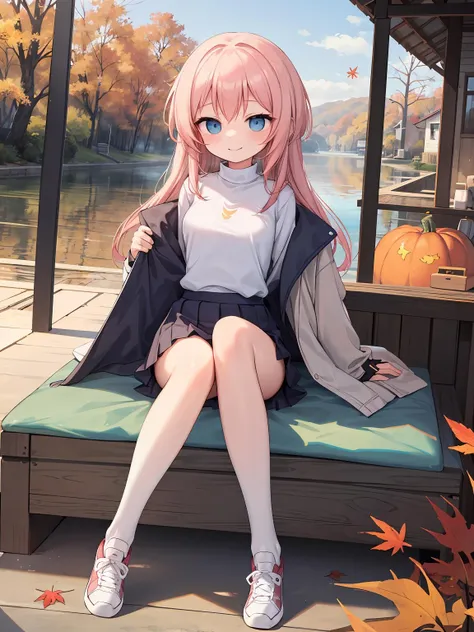 masterpiece, best quality, 1girl, solo, white shirt, jacket, skirt, white socks, sneakers,pink_hair,long_hair, wavy,Pretending to be a superhero in flight,smile,blue_eyes,,Autumn lake, mirror-like surface, fall foliage, tranquil reflection, autumnal beauty, serene escape.,<lora:top2-000020:1>