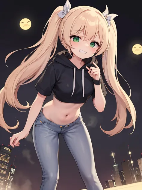 masterpiece, best quality, 1girl, solo, (black cropped hoodie:1.2), short jeans, navel,orange_hair,side_ponytail,Leaning forward with hands on thighs,grin,green_eyes,,Floating city on Venus, high-temperature society, city of the future, Venusian metropolis, ethereal elegance, cosmic frontier.,<lora:top2-000020:1>