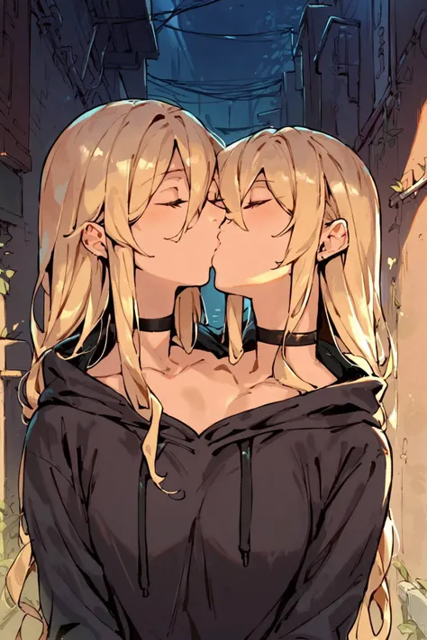 score_9, score_8_up, score_7_up, source_anime,
Beautiful Lighting, (1girl: blonde hair, long hair, hair intakes, (hair between eyes:1.1)), (outdoors, alley:1.3), black choker, hoodie,
<lora:twoheads:0.8>, twoheads, upper body, kiss,