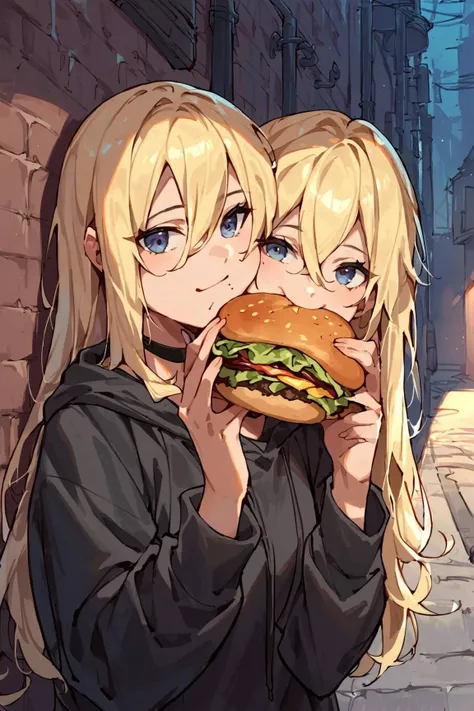 score_9, score_8_up, score_7_up, source_anime,
Beautiful Lighting, (1girl: blonde hair, long hair, hair intakes, (hair between eyes:1.1)), (outdoors, alley:1.3), black choker, hoodie,
<lora:twoheads:0.8>, twoheads, upper body, eat burger,