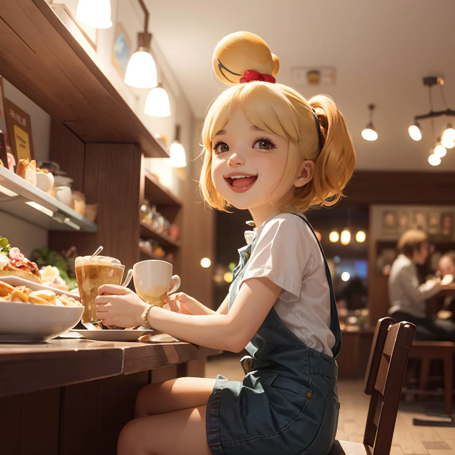 masterpiece, best quality, isabelle \(animal crossing\), smile, 1girl, open mouth, topknot, solo, animal ears, happy, CAFE, sitting, from side, <lora:shizue_Isabelle:0.6>