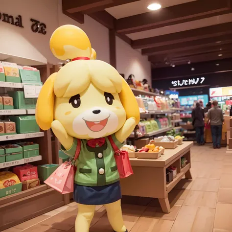 isabelle \(animal crossing\), smile, 1girl, open mouth, topknot, solo, animal ears, table, furry, dog girl, happy, (holding bag), shopping, 3D, <lora:shizue_Isabelle:1>