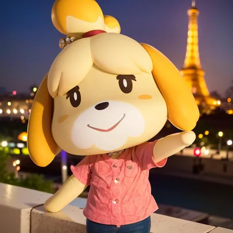 masterpiece, best quality, best lighting, isabelle \(animal crossing\), smile, 1girl, topknot, solo, animal ears, furry, furry female, happy, pink shirt, selfie in front of Eiffel Tower, <lora:shizue_Isabelle:1>,