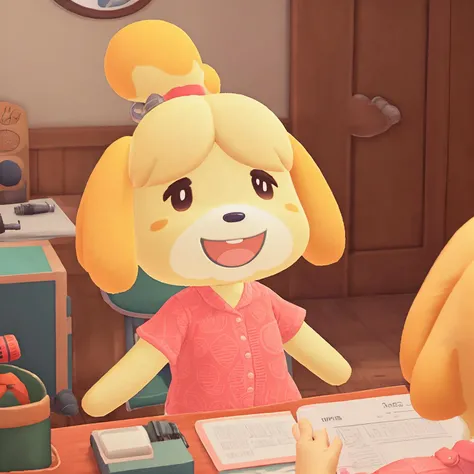 isabelle \(animal crossing\), 1girl, open mouth, solo, animal ears, furry, microphone, dog girl, chair, furry female, pink shirt, topknot, dog ears, indoors, upper body, 3D, game screen shot, <lora:shizue_Isabelle:0.8>