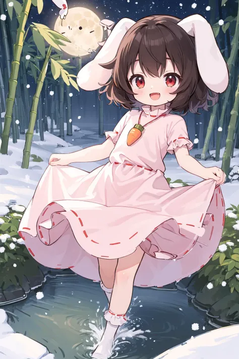 Night, Bamboo Forest, Snow, Small River, Reeds, Inaba Tewi, Petite, Flat Chest, Red Eyes, Naughty Face, :D, Smile, Closed Mouth, Fangs, Brown Hair, Short Hair, Rabbit Ears, Floppy Ears, Rabbit Tail, Carrot Necklace, Pink Ribbon-Trimmed Dress, Puffy Short Sleeves, Ribbon-Trimmed Sleeves, White Socks, Standing, Head Tilt, Clothes Lift, Lifted By Self, Looking At Viewer, Best Quality, Amazing Details, Brilliant Colorful Paintings  ,moon,
<lyco:tewi:0.75>
<lora:nekotoufu_style_v1-000020:0.14><lora:Prima doll retzel :0.06> [asex:kawaii:0.4]  <lora:TewiInabaLORA:0.75>