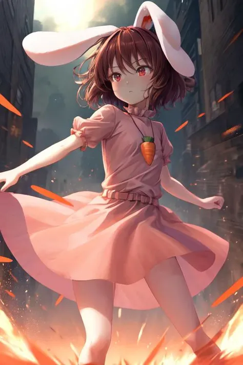 masterpiece, 1girl, short hair, brown hair, rabbit ears, red eyes, pink dress, short sleeves, carrot necklace, (flat chest), ultra high quality anime, far away, from front, (whole body, feet), (epic attack stance), battle, carrots, good hands, <lora:tewi:1>