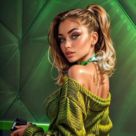 cartoon, ((comic)), HIGHLY detailed, best quality, closeup,
dark photo, neon, white girl, ((white)) long pigtails, seductive pose, (slutty:1.5), (Jessica Simpson:1.1), (perfect female body, narrow waist), (medium perky breasts), long legs, (beautiful:1.3), (green eyes), choker, thick thighs, thighs, cinematic, green strings, (((solid green background with scratch patterns)))
BREAK
The 25 years old sexy girl, (((from behind))),
(detailed hair, smooth skin, oiled skin, shiny skin, young:1.4),
(8k, best quality, realistic, intricate details, ultra high res, photorealistic, cinematic, masterpiece, extremely detailed, cinematic light, Unreal Engine), <lora:add_detail:1>
(ultra realistic 8k cg,uhd,sharp focus,digital art:1.0), palm branches <lora:Oversized Sweater by Stable Yogi:0.8> oversized green sweater S123_BibiPospiech