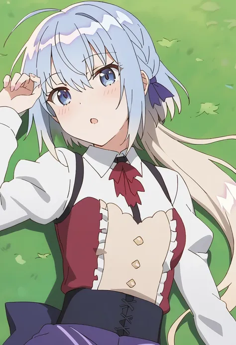 1girl, haiselita aldridge, anime screencap, solo, ahoge, lying, on back, hair ribbon, silver hair, eyebrows visible through hair, white shirt, looking at viewer, parted lips, grey hair, arm up, collared shirt, corset, hair between eyes, high-waist skirt, red neckwear, frills, purple skirt, blue skirt, underbust, open mouth, juliet sleeves, center frills, floating hair, shiny hair, ponytail, blue ribbon, bowtie, buttons, shiny, red bow, sidelocks, hand up, small breasts, very long hair, red ribbon, pleated skirt, suspender skirt, virgin killer outfit, cowboy shot, wing collar, purple ribbon, hair bow, blouse, eyes visible through hair, black ribbon, shadow, blush, :o, neck ribbon, purple dress, hair ornament, head tilt, long skirt, scarf, from above, sleeves past wrists, dress shirt, short hair, fingernails, puffy long sleeves, blue eyes, white blouse, purple bow, light purple hair, arm at side, upper body, dutch angle, light part
icles, outdoors, field, dappled sunlight, masterpiece, best quality <lora:haiselita_aldridge_sdxl_locon_ani_v1:0.7>