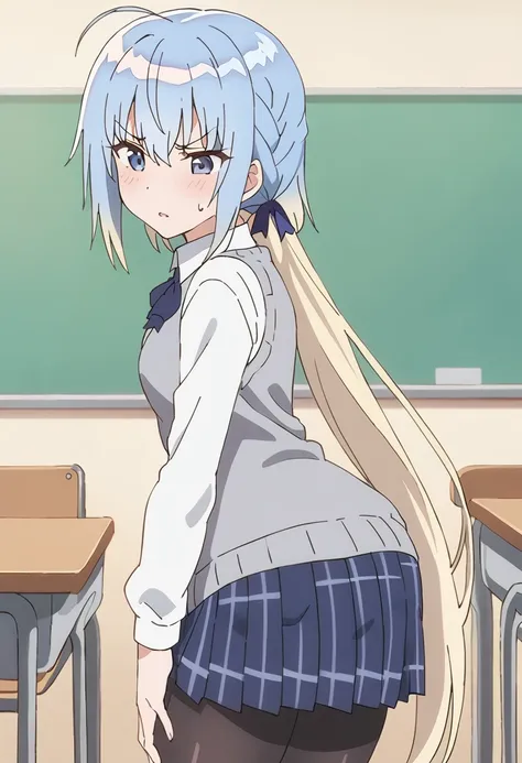 1girl, haiselita aldridge, anime screencap, solo, pantyhose, black legwear, blue eyes, blonde hair, blush, ahoge, pleated skirt, looking at viewer, blue skirt, plaid skirt, very long hair, multicolored hair, school uniform, long sleeves, sweater vest, white shirt, eyebrows visible through hair, hair between eyes, blue hair, leaning forward, looking back, closed mouth, sweatdrop, sweat, hair ribbon, low twintails, silver hair, collared shirt, hair bow, standing, two-tone hair, gradient hair, from behind, cowboy shot, miniskirt, from side, v-shaped eyebrows, grey eyes, black ribbon, sidelocks, black bow, looking to the side, hand on own thigh, low ponytail, bent over, grey vest, blue neckwear, blue bow, bowtie, ass, grey skirt, neck ribbon, uniform, black neckwear, frown, colored inner hair, blue ribbon, hands on own thighs, small breasts, hair ornament, feet out of frame, dress shirt, grey hair, ponytail, parted lips, embarrassed, wing collar, thighs, contemporary, hand on thigh, eyebrows, looking down, eyes visible through hair, furrowed brow, classroom, shiny hair, grey sweater, cosplay, masterpiece, best quality <lora:haiselita_aldridge_sdxl_locon_ani_v1:0.7>