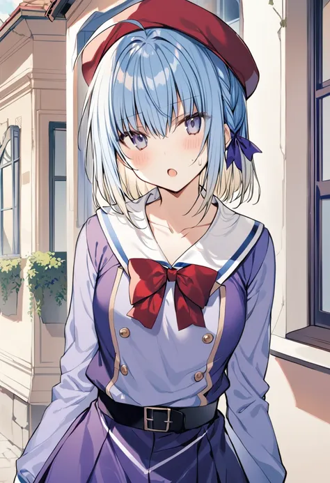 1girl, haiselita aldridge, official art, solo, blue hair, beret, blue eyes, looking at viewer, ahoge, blush, eyebrows visible through hair, open mouth, collarbone, sweatdrop, short hair, light blue hair, red headwear, sweat, parted lips, hair ribbon, hair between eyes, multicolored hair, gradient hair, :o, blonde hair, cowboy shot, red bow, purple dress, bowtie, puffy long sleeves, purple neckwear, standing, purple skirt, medium hair, silver hair, buttons, sailor dress, sidelocks, double-breasted, shiny, blue ribbon, shiny hair, tilted headwear, hair bow, side braid, sash, red neckwear, black ribbon, white sailor collar, purple ribbon, arms at sides, purple shirt, two-tone hair, hair ornament, long hair, blue bow, pleated dress, upper body, belt, sleeve cuffs, light blush, french braid, collared dress, outdoors, house, building, window, masterpiece, best quality <lora:haiselita_aldridge_sdxl_locon_ani_v1:0.7>