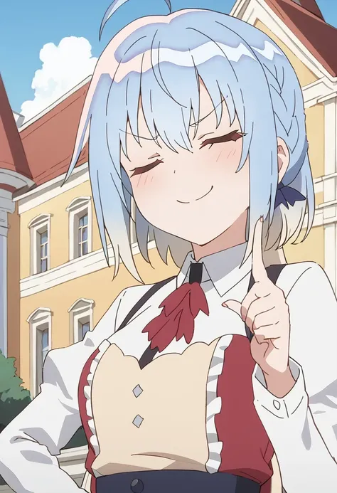 1girl, haiselita aldridge, anime screencap, closed eyes, smile, solo, eyebrows visible through hair, blonde hair, closed mouth, blush, smug, blue hair, day, outdoors, gradient hair, building, blue sky, low ponytail, v-shaped eyebrows, silver hair, doyagao, close-up, hair between eyes, multicolored hair, light blue hair, >:\), long hair, white hair,  facing viewer, hand up, window, upper body, index finger raised, church, sidelocks, medium hair, cloud, c:,  fingernails, shiny hair, house, red bow, grey hair, smirk, mansion, indoors, tower, door, braid, ^ ^,  eyebrows, neck ribbon, ascot, frilled dress, blue dress, white shirt, white blouse, collared shirt, wing collar, dress shirt, buttons, red neckwear, juliet sleeves, puffy long sleeves, frilled skirt, red bow, red ribbon, black skirt, blue skirt, high-waist skirt, suspender skirt, masterpiece, best quality <lora:haiselita_aldridge_sdxl_locon_ani_v1:0.7>