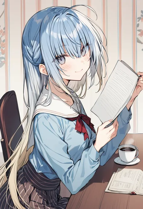 1girl, haiselita aldridge, official art, solo, blue eyes, looking at viewer, sitting, blue hair, eyebrows visible through hair, table, chair, multicolored hair, hair between eyes, very long hair, silver hair, saucer, closed mouth, brown skirt, blue shirt, neck ribbon, red ribbon, vertical-striped skirt, gradient hair, desk, red neckwear, from side, looking to the side, collared shirt, on chair, two-tone hair, paper, blonde hair, book, striped skirt, sidelocks, indoors, smile, blush, high-waist skirt, pleated skirt, holding paper, bow, hands up, long skirt, plate, mug, puffy long sleeves, holding book, white hair, shirt tucked in, coffee, colored inner hair, small breasts, elbows on table, wooden table, holding cup, white sailor collar, dress shirt, antenna hair, grey eyes, grey hair, wallpaper \(object\), blouse, fingernails, grey skirt, coffee mug, shiny hair, eyes visible through hair, light blue hair, masterpiece, best quality <lora:haiselita_aldridge_sdxl_locon_ani_v1:0.7>