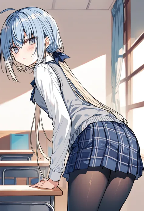 1girl, haiselita aldridge, official art, solo, pantyhose, black legwear, blue eyes, blonde hair, blush, ahoge, pleated skirt, looking at viewer, blue skirt, plaid skirt, very long hair, multicolored hair, school uniform, long sleeves, sweater vest, white shirt, eyebrows visible through hair, hair between eyes, blue hair, leaning forward, looking back, closed mouth, sweatdrop, sweat, hair ribbon, low twintails, silver hair, collared shirt, hair bow, standing, two-tone hair, gradient hair, from behind, cowboy shot, miniskirt, from side, v-shaped eyebrows, grey eyes, black ribbon, sidelocks, black bow, looking to the side, hand on own thigh, low ponytail, bent over, grey vest, blue neckwear, blue bow, bowtie, ass, grey skirt, neck ribbon, uniform, black neckwear, frown, colored inner hair, blue ribbon, hands on own thighs, small breasts, hair ornament, feet out of frame, dress shirt, grey hair, ponytail, parted lips, embarrassed, wing collar, thighs, contemporary, hand on thigh, eyebrows, looking down, eyes visible through hair, furrowed brow, classroom, shiny hair, grey sweater, cosplay, masterpiece, best quality <lora:haiselita_aldridge_sdxl_locon_ani_v1:0.7>