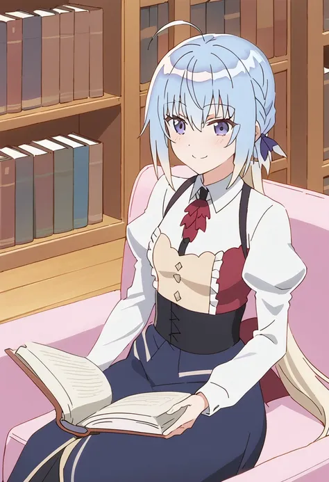 1girl, haiselita aldridge, anime screencap, book, solo, blue eyes, ahoge, sitting, blue hair, blonde hair, bookshelf, looking at viewer, couch, holding book, multicolored hair, eyebrows visible through hair, indoors, blush, very long hair, open book, juliet sleeves, closed mouth, red neckwear, two-tone hair, reading, hair between eyes, ascot, gradient hair, white shirt, smile, wooden floor, light blue hair, watermark, white hair, silver hair, shiny hair, braid, hair ribbon, collared shirt, blue skirt, ponytail, on couch, shiny, black skirt, hair ornament, grey eyes, sidelocks, chair, long skirt, high-waist skirt, blue dress, short hair, small breasts, library, shelf, feet out of frame, wing collar, on floor, corset, buttons, colored inner hair, smile, purple ribbon, purple eyes, underbust, frills, table, suspenders, grey hair, puffy long sleeves, low ponytail, armchair, masterpiece, best quality <lora:haiselita_aldridge_sdxl_locon_ani_v1:0.7>