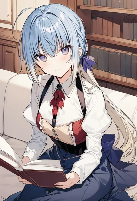 1girl, haiselita aldridge, official art, book, solo, blue eyes, ahoge, sitting, blue hair, blonde hair, bookshelf, looking at viewer, couch, holding book, multicolored hair, eyebrows visible through hair, indoors, blush, very long hair, open book, juliet sleeves, closed mouth, red neckwear, two-tone hair, reading, hair between eyes, ascot, gradient hair, white shirt, smile, wooden floor, light blue hair, watermark, white hair, silver hair, shiny hair, braid, hair ribbon, collared shirt, blue skirt, ponytail, on couch, shiny, black skirt, hair ornament, grey eyes, sidelocks, chair, long skirt, high-waist skirt, blue dress, short hair, small breasts, library, shelf, feet out of frame, wing collar, on floor, corset, buttons, colored inner hair, smile, purple ribbon, purple eyes, underbust, frills, table, suspenders, grey hair, puffy long sleeves, low ponytail, armchair, masterpiece, best quality <lora:haiselita_aldridge_sdxl_locon_ani_v1:0.7>