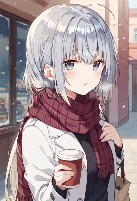 score_9, score_8_up, score_7_up, source_anime BREAK
1girl, haiselita aldridge, anime screencap, solo, cup, disposable cup, silver hair, eyebrows visible through hair, holding cup, food, red scarf, looking at viewer, ahoge, blush, upper body, open mouth, blurry background, hair between eyes, breath, grey eyes, coffee cup, long sleeves, white jacket, depth of field, hair ribbon, paper bag, open jacket, steam, striped scarf, black shirt, outdoors, black ribbon, fringe trim, blue eyes, :o, ribbed sweater, sidelocks, gradient hair, low ponytail, ribbed shirt, duffel coat, grey hair, holding bag, white coat, open coat, multicolored hair, giving, black sweater, coffee, sleeves past wrists, ponytail, shopping bag, chestnut mouth, window, cold, day, enpera, brown scarf, incoming drink, very long hair, plaid scarf, fingernails, drink, parted lips, indoors, hair over shoulder, vertical stripes, hand up, shiny hair, eyes visible through hair, winter clothes, half-closed eyes, white hair, door, snowing, building, badge <lora:haiselita_aldridge_sdxl_locon_pony_v1:0.7>