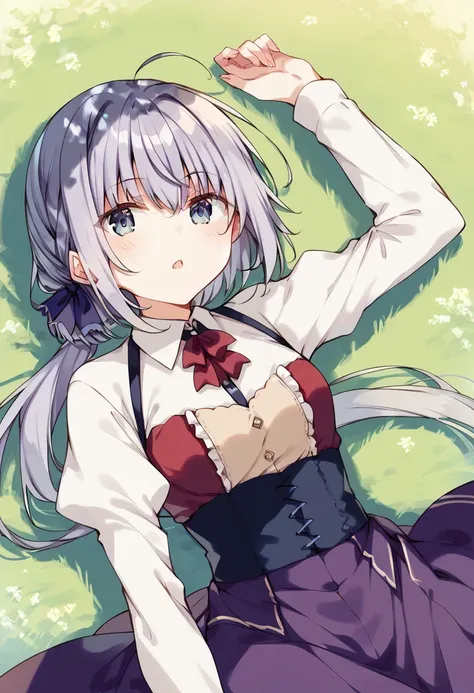 score_9, score_8_up, score_7_up, source_anime BREAK
1girl, haiselita aldridge, official art, solo, ahoge, lying, on back, hair ribbon, silver hair, eyebrows visible through hair, white shirt, looking at viewer, parted lips, grey hair, arm up, collared shirt, corset, hair between eyes, high-waist skirt, red neckwear, frills, purple skirt, blue skirt, underbust, open mouth, juliet sleeves, center frills, floating hair, shiny hair, low ponytail, blue ribbon, bowtie, buttons, shiny, red bow, sidelocks, hand up, small breasts, very long hair, red ribbon, pleated skirt, suspender skirt, virgin killer outfit, cowboy shot, wing collar, purple ribbon, hair bow, blouse, eyes visible through hair, black ribbon, shadow, blush, :o, neck ribbon, purple dress, hair ornament, head tilt, long skirt, scarf, from above, sleeves past wrists, dress shirt, fingernails, puffy long sleeves, blue eyes, white blouse, purple bow, light purple hair, arm at side, upper body, dutch angle, light particles, outdoors, grass, field, dappled sunlight <lora:haiselita_aldridge_sdxl_locon_pony_v1:0.7>