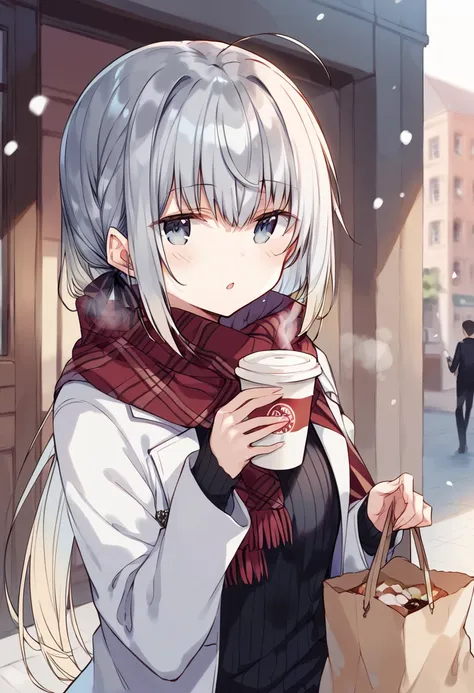 score_9, score_8_up, score_7_up, source_anime BREAK
1girl, haiselita aldridge, official art, solo, cup, disposable cup, silver hair, eyebrows visible through hair, holding cup, food, red scarf, looking at viewer, ahoge, blush, upper body, open mouth, blurry background, hair between eyes, breath, grey eyes, coffee cup, long sleeves, white jacket, depth of field, hair ribbon, paper bag, open jacket, steam, striped scarf, black shirt, outdoors, black ribbon, fringe trim, blue eyes, :o, ribbed sweater, sidelocks, gradient hair, low ponytail, ribbed shirt, duffel coat, grey hair, holding bag, white coat, open coat, multicolored hair, giving, black sweater, coffee, sleeves past wrists, ponytail, shopping bag, chestnut mouth, window, cold, day, enpera, brown scarf, incoming drink, very long hair, plaid scarf, fingernails, drink, parted lips, indoors, hair over shoulder, vertical stripes, hand up, shiny hair, eyes visible through hair, winter clothes, half-closed eyes, white hair, door, snowing, building, badge <lora:haiselita_aldridge_sdxl_locon_pony_v1:0.7>