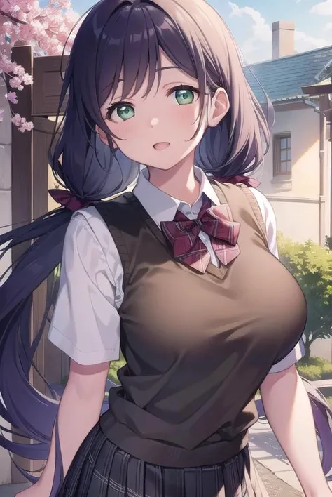 nozomitoujou, <lyco:nozomitoujou-LYCORIStest:1>,
nozomi toujou, (green eyes:1.5), purple hair, twintails, low twintails, scrunchie, long hair, (large breast:1.2),
BREAK otonokizaka school uniform, pleated skirt, school uniform, short sleeves, skirt, summer uniform, sweater vest, yellow sweater vest,
BREAK looking at viewer,
BREAK outdoors, shrine,
BREAK <lora:GoodHands-vanilla:1>, (masterpiece:1.2), best quality, high resolution, unity 8k wallpaper, (illustration:0.8), (beautiful detailed eyes:1.6), extremely detailed face, perfect lighting, extremely detailed CG, (perfect hands, perfect anatomy),