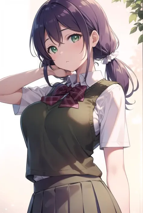 nozomitoujou, <lyco:nozomitoujou-LYCORIStest:1>,
nozomi toujou, (green eyes:1.5), purple hair, twintails, low twintails, scrunchie, long hair, (large breast:1.2),
BREAK otonokizaka school uniform, pleated skirt, school uniform, short sleeves, skirt, summer uniform, sweater vest, yellow sweater vest,
BREAK looking at viewer,
BREAK outdoors, shrine,
BREAK <lora:GoodHands-vanilla:1>, (masterpiece:1.2), best quality, high resolution, unity 8k wallpaper, (illustration:0.8), (beautiful detailed eyes:1.6), extremely detailed face, perfect lighting, extremely detailed CG, (perfect hands, perfect anatomy),