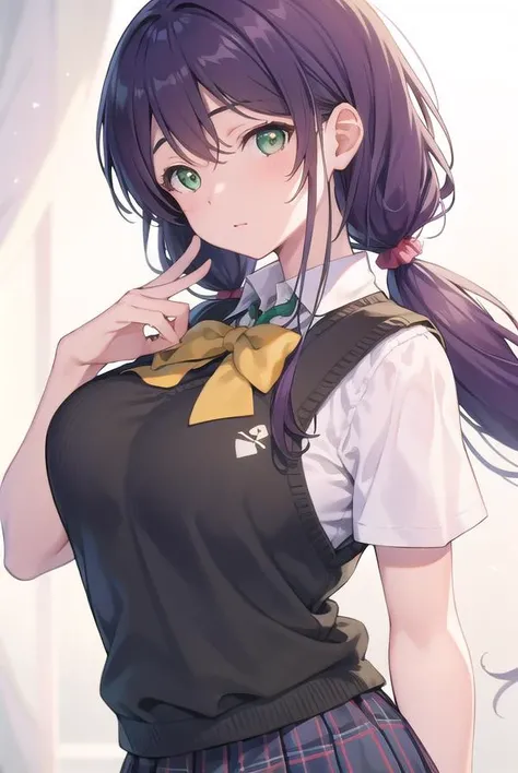 nozomitoujou, <lyco:nozomitoujou-LYCORIStest:1>,
nozomi toujou, (green eyes:1.5), purple hair, twintails, low twintails, scrunchie, long hair, (large breast:1.2),
BREAK otonokizaka school uniform, pleated skirt, school uniform, short sleeves, skirt, summer uniform, sweater vest, yellow sweater vest,
BREAK looking at viewer,
BREAK outdoors, shrine,
BREAK <lora:GoodHands-vanilla:1>, (masterpiece:1.2), best quality, high resolution, unity 8k wallpaper, (illustration:0.8), (beautiful detailed eyes:1.6), extremely detailed face, perfect lighting, extremely detailed CG, (perfect hands, perfect anatomy),