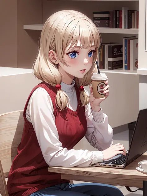 (masterpiece:1.2, best quality:1.1, highres,absurdres, high quality),(photorealistic:1.1),reflected light, colorful,ultra-detailed,8k, ultra hd, super detailed,
nene sakura, blonde hair, hair ornament, blue eyes, bangs, low twintails, sitting,red sweater,blue pants, monitor, keyboard \(computer\), drink coffee, holding cup, 
 <lora:nene sakura s2-lora-nochekaiser:0.6>