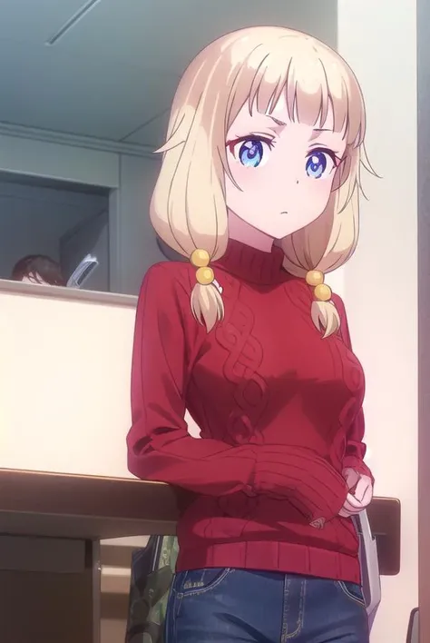 nenesakura, <lora:nene sakura s2-lora-nochekaiser:1>,
nene sakura, bangs, blue eyes, blonde hair, hair ornament, twintails, hair bobbles,
BREAK long sleeves, shirt, collared shirt, sweater, (red sweater:1.5),
BREAK indoors, office,
BREAK looking at viewer, (cowboy shot:1.5),
BREAK <lyco:GoodHands-beta2:1>, (masterpiece:1.2), best quality, high resolution, unity 8k wallpaper, (illustration:0.8), (beautiful detailed eyes:1.6), extremely detailed face, perfect lighting, extremely detailed CG, (perfect hands, perfect anatomy),