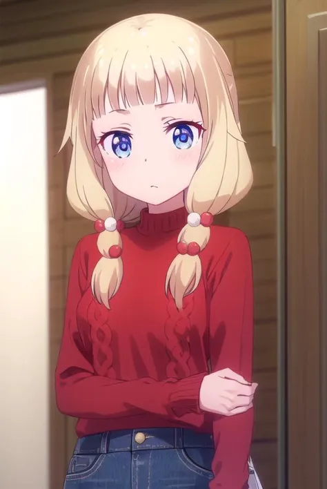 nenesakura, <lora:nene sakura s2-lora-nochekaiser:1>,
nene sakura, bangs, blue eyes, blonde hair, hair ornament, twintails, hair bobbles,
BREAK long sleeves, shirt, collared shirt, sweater, (red sweater:1.5),
BREAK indoors, office,
BREAK looking at viewer, (cowboy shot:1.5),
BREAK <lyco:GoodHands-beta2:1>, (masterpiece:1.2), best quality, high resolution, unity 8k wallpaper, (illustration:0.8), (beautiful detailed eyes:1.6), extremely detailed face, perfect lighting, extremely detailed CG, (perfect hands, perfect anatomy),