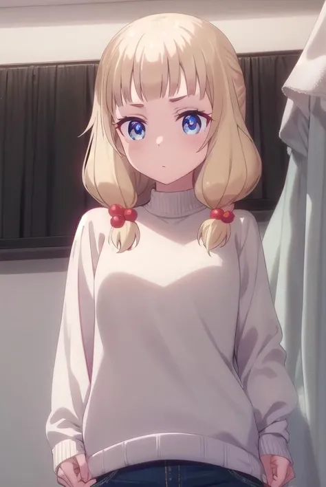 nenesakura, <lora:nene sakura s2-lora-nochekaiser:1>,
nene sakura, bangs, blue eyes, blonde hair, hair ornament, twintails, hair bobbles,
BREAK long sleeves, shirt, collared shirt, sweater, (red sweater:1.5),
BREAK indoors, office,
BREAK looking at viewer, (cowboy shot:1.5),
BREAK <lyco:GoodHands-beta2:1>, (masterpiece:1.2), best quality, high resolution, unity 8k wallpaper, (illustration:0.8), (beautiful detailed eyes:1.6), extremely detailed face, perfect lighting, extremely detailed CG, (perfect hands, perfect anatomy),