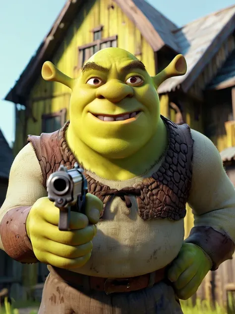 <lora:EnvyActionShotXL01:0.25>, action shot, no trespassers, one Shrek1024 pointing pistol at viewer, <lora:Shrek1024:0.8>, (smiling:1.2), (tiny ears:1.3), finger at trigger, worn out clothes, in his home swamp, sunny day, flies, frogs, 16k, uhd, dslr, insane details, misc, <lora:add-detail-xl:0.5>, <lora:XL_Weapon_pistol:0.5>, detailed eyes