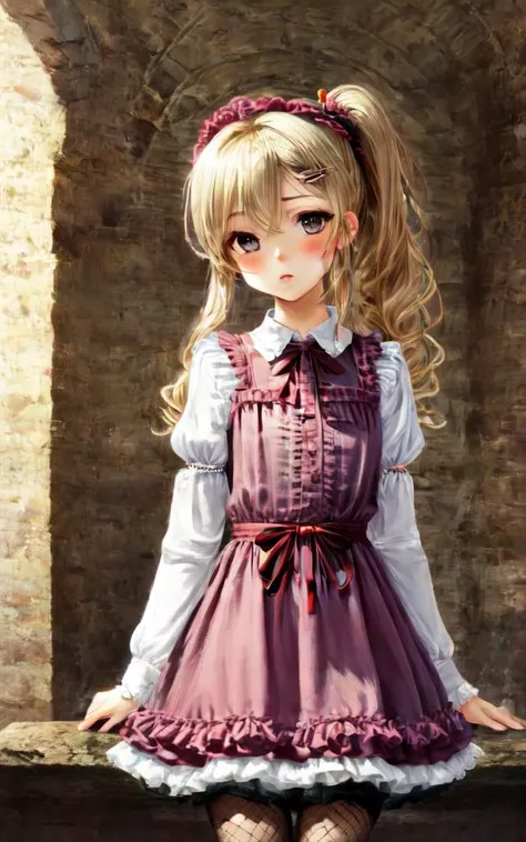 <lora:_redears:1:NCNF> blush, +++ extremely quality extremely detailed deep-silky-healthy-lackwarm-foundational-soft-skin, illustration high resolution, contrapposto glow shine like opal, <lora:_flat2:-0.3:ALL> <lora:_hipoly3DModelLora_v20:0.3:NF> hiqcgbody ++ Faint lips,UC:realistic cute anime face cinematic angle Girl at the front dynamic pose, kawaii petite minor 1girl yo eyeliner skindantation (a mole under the right eye) flat chest  (eyes visible through hair) +++, +++ 
brown eyes, 
transparency yellow hair, 
very long hair , 
ponytail, 
wavy hair , 
blunt bangs, 
sideburns , 
:o, 
blush , 
head_tilt standing  
+++, extremely detailed character, (an extremely delicate and beautiful), solo focus, straight-on, dramatic angle, depthoffield, (expressionless languorous cute, beautiful detailed eyes lower eyelashes eyelashes, intricate:1.3 ((Gothic Lolita)) ((Frilled)) dress,skirt, Headdress, bowknot, (((hair ornament))), hair flower, eyeliner skindantation black fishnet_pantyhose, garter straps, Lace, cross-laced footwear, frilled blouse ribbon-trimmed sleeves), bloomers [background(building architecture, stained glass ((gothic architecture)) church, (castle), [fantasy])] stained glass candlestick chain iron prison, St. Peter's Basilica, vachican