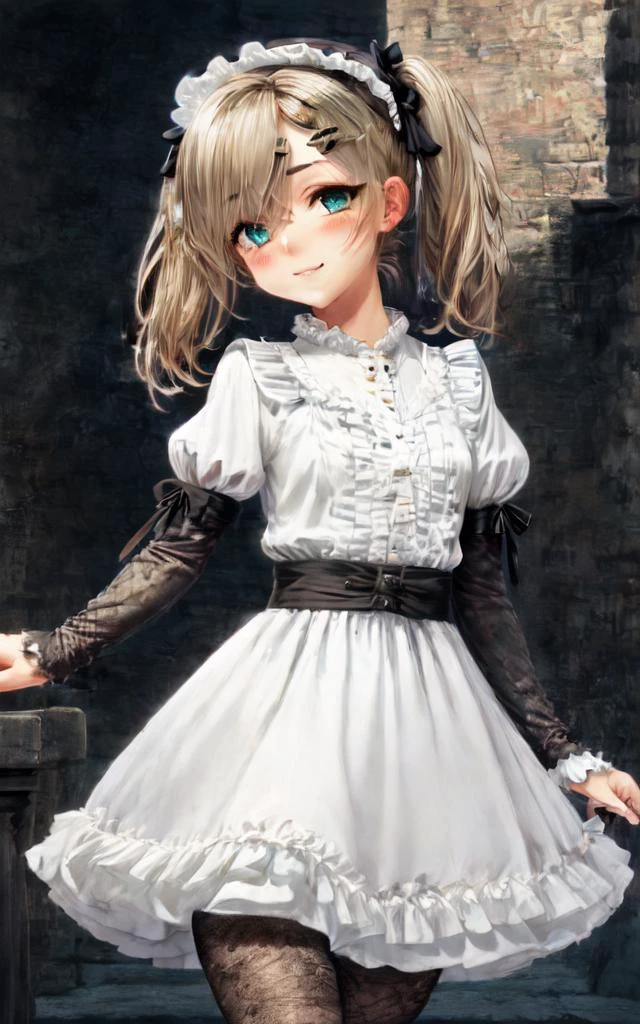 <lora:_redears:1:NCNF> blush, +++ extremely quality extremely detailed deep-silky-healthy-lackwarm-foundational-soft-skin, illustration high resolution, contrapposto glow shine like opal, <lora:_flat2:-0.3:ALL> <lora:_hipoly3DModelLora_v20:0.3:NF> hiqcgbody ++ Faint lips,UC:realistic cute anime face cinematic angle Girl at the front dynamic pose, kawaii petite minor 1girl 13yo eyeliner skindantation (a mole under the right eye) medium breasts  (eyes visible through hair) +++, +++ 
aqua eyes, 
transparency brown hair, 
long hair , 
twin ponytails, 
streaked hair , 
hair between eyes, 
hair flaps , 
evil smile, 
blush , 
head_tilt standing  
+++, extremely detailed character, (an extremely delicate and beautiful), solo focus, straight-on, dramatic angle, depthoffield, (expressionless languorous cute, beautiful detailed eyes lower eyelashes eyelashes, intricate:1.3 ((Gothic Lolita)) ((Frilled)) dress,skirt, Headdress, bowknot, (((hair ornament))), hair flower, eyeliner skindantation black fishnet_pantyhose, garter straps, Lace, cross-laced footwear, frilled blouse ribbon-trimmed sleeves), bloomers [background(building architecture, stained glass ((gothic architecture)) church, (castle), [fantasy])] stained glass candlestick chain iron prison, St. Peter's Basilica, vachican