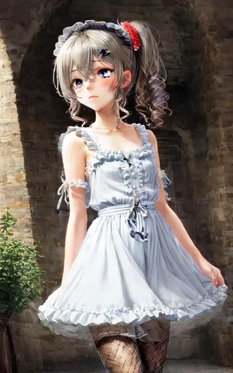 <lora:_redears:1:NCNF> blush, +++ extremely quality extremely detailed deep-silky-healthy-lackwarm-foundational-soft-skin, illustration high resolution, contrapposto glow shine like opal, <lora:_flat2:-0.3:ALL> <lora:_hipoly3DModelLora_v20:0.3:NF> hiqcgbody ++ Faint lips,UC:realistic cute anime face cinematic angle Girl at the front dynamic pose, kawaii petite minor 1girl yo eyeliner skindantation (a mole under the right eye) flat chest  (eyes visible through hair) +++, +++ 
vermilion eyes, 
clear purple hair, 
very long hair , 
folded ponytail, 
drill hair , 
hair_pulled_back, 
hair flaps , 
:p, 
blush , 
+++, extremely detailed character, (an extremely delicate and beautiful), solo focus, straight-on, dramatic angle, depthoffield, (expressionless languorous cute, beautiful detailed eyes lower eyelashes eyelashes, intricate:1.3 ((Gothic Lolita)) ((Frilled)) dress,skirt, Headdress, bowknot, (((hair ornament))), hair flower, eyeliner skindantation black fishnet_pantyhose, garter straps, Lace, cross-laced footwear, frilled blouse ribbon-trimmed sleeves), bloomers [background(building architecture, stained glass ((gothic architecture)) church, (castle), [fantasy])] stained glass candlestick chain iron prison, St. Peter's Basilica, vachican