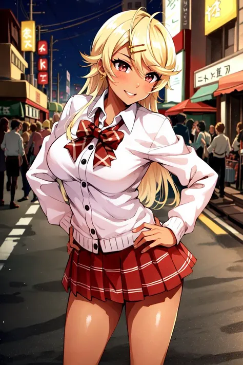 Oga Saki, 1girl, solo, red eyes, blonde hair, long hair, large breasts, dark-skinned female, dark skin, smile, standing, dynamic pose, <lora:OgaSaki:1>, 8k, masterpiece, best quality, absurdres, perfect anatomy, cinematic lighting, cowboy shot, tokyo street, skirt, shirt, hair ornament, bow, jewelry, school uniform, pleated skirt, earrings, shorts, socks, hairclip, miniskirt, bowtie, plaid, red skirt, plaid skirt, cardigan, bike shorts, striped bow, star earrings, gyaru, loose socks, pink cardigan, (hands on hips:1.2)