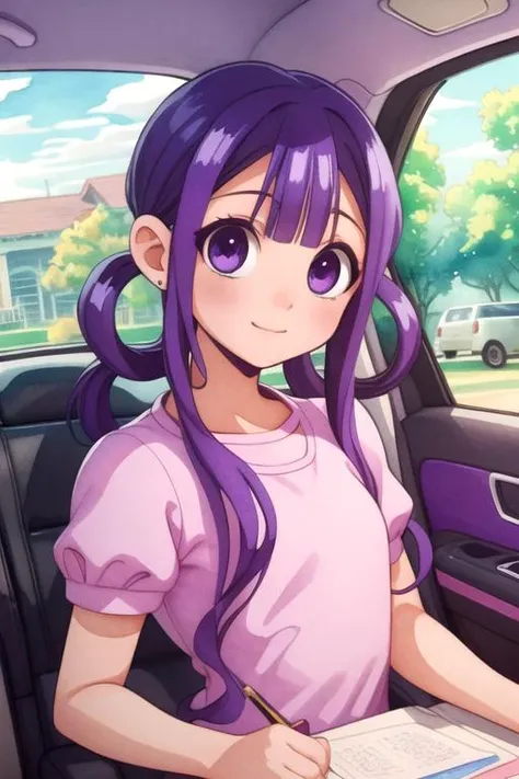 masterpiece, best quality, wallpaper, 1girl, solo, looking at viewer, upper body, depth of field, (watercolor illustration, soft pastel colors:1.1), realistic, <lora:aoi_akane:0.74>, aoi_akane, purple hair, purple eyes, , , , vehicle interior, HD-DVD