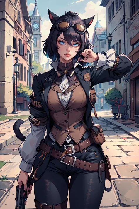 (masterpiece,best quality,absurdres,beautiful,intricate,4k,detailed,aesthetic),steampunk,outside,1girl,FemmeMiq,cat ears,cat tail,jacket,goggles on head,black hair,vest,belt,belt pouch,handgun,medieval  <lora:FemMiqote:0.8>