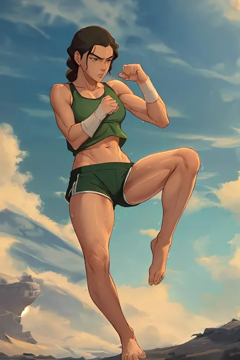 ((masterpiece)), (best quality), 1girl, <lora:kuvira:1>, the legend of korra, ((hands in fists)), long single braid, floating hair, barefoot
medium breasts, short hair, (mole under eye:0.7), wet green tank top, navel, ((running shorts)), casual, (sweaty:0.7) , glistening skin
looking at viewer, detailed background, sky, clouds, strong, (abs:0.8), sweat stains, exposed midriff, twisted shoulder