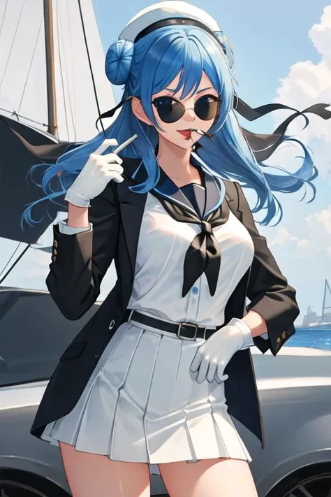 best quality, masterpiece, highres, solo, {black business suit:1.40}, {tie:1.20}, {sunglasses:1.25}, {white gloves:1.15}, {white shirt:1.10}, {black skirt:1.15}, {smoking:1.20}, handsome, {urakaze_kantaicollection:1.15}, blue_hair, hair_bun, double_bun, blue_eyes, white_headwear, hat, smile, breasts, sailor_hat, serafuku, long_hair, blush, open_mouth, large_breasts