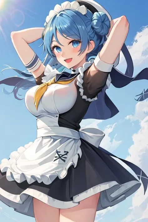 best quality, masterpiece, highres, solo, {maid:1.40}, {long maid dress:1.15}, {urakaze_kantaicollection:1.15}, blue_hair, hair_bun, double_bun, blue_eyes, white_headwear, hat, smile, breasts, sailor_hat, serafuku, long_hair, blush, open_mouth, large_breasts