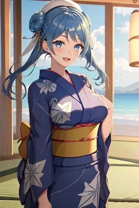 best quality, masterpiece, highres, solo, {yukata:1.40}, {kimono:1.20}, {urakaze_kantaicollection:1.15}, blue_hair, hair_bun, double_bun, blue_eyes, white_headwear, hat, smile, breasts, sailor_hat, serafuku, long_hair, blush, open_mouth, large_breasts