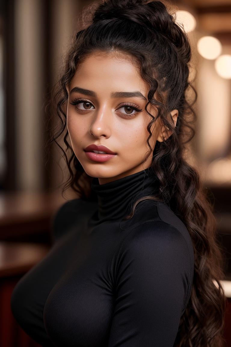 A woman with long hair and a black top posing for a picture - SeaArt AI